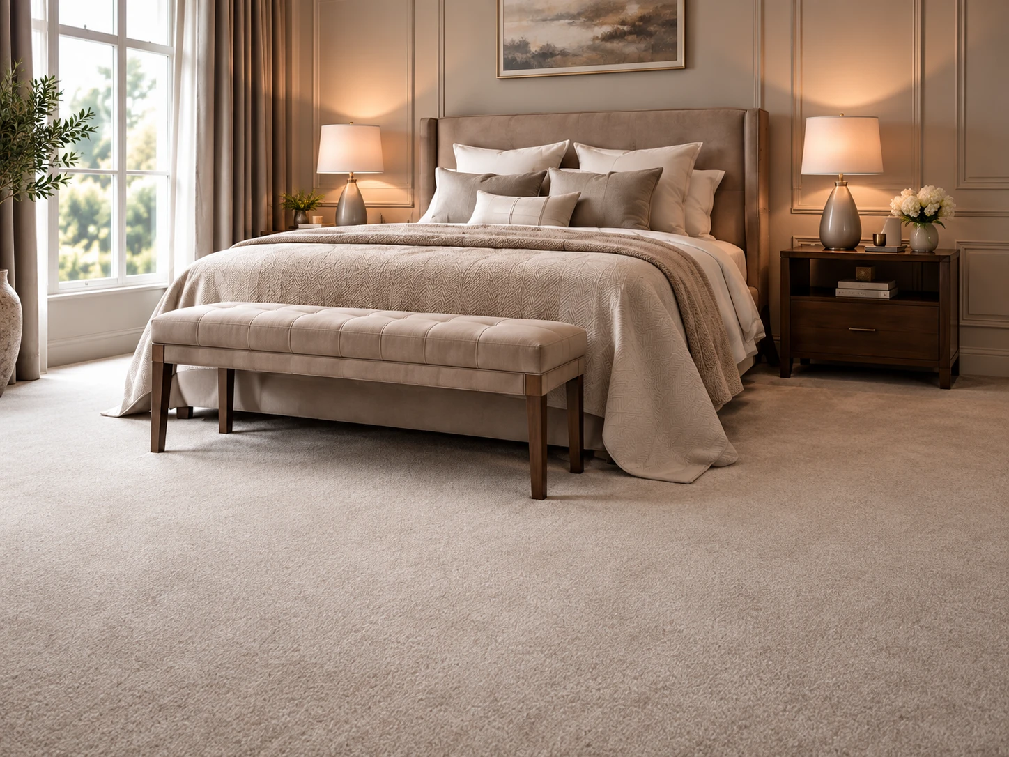 Deep pile beige carpet fitted throughout a softly lit bedroom