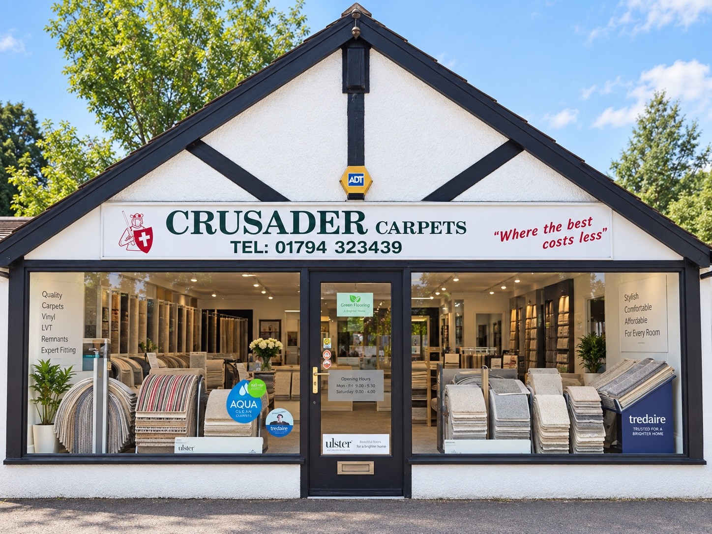 The Crusader Carpets showroom at Partridge Hill, Landford, with carpet displays in the window